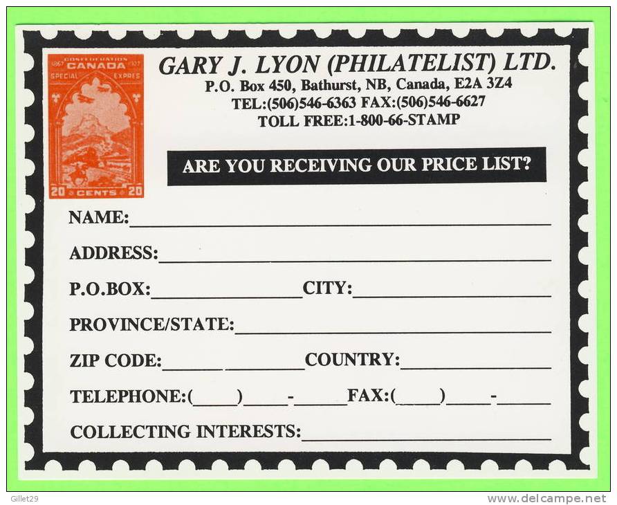 BATHURST, N.B. - GARY J. LYON PHILATELIST LTD - PRICE LIST ? - - Autres & Non Classés