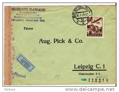 Slo001-SLOWAKEI -/ Luftpost 3 Kr. 1943 Nach Leipzig. Mit Dt. . Zensur - Briefe U. Dokumente