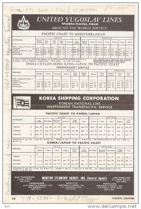 Feuille Horaires Bateaux : Yugoslav Lines, Korea Shipping, Japan Lines, India, Hong-Kong ...July 17,1972 - Mondo