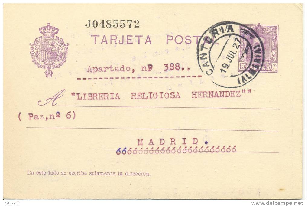 Cantoría ( Almería ) 1927 Entier Postal " Vaquer ", Estampación De Lujo - 1850-1931