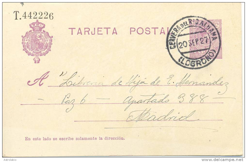 Cervera Del Rio Alhama ( Logroño ) 1927 Entier Postal " Medallón ", Estampación De Lujo - 1850-1931