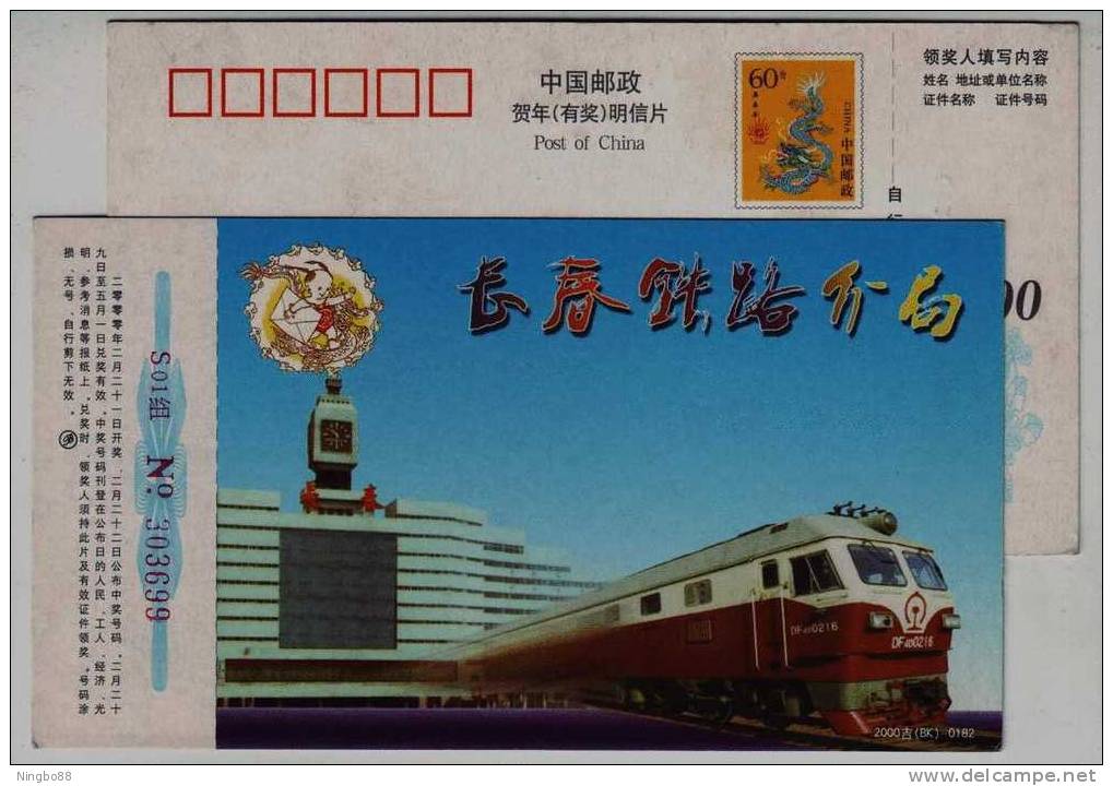 Electric Locomotive,Railway Station Clock Tower,CN 00 Changchun Railway Bureau Railway Station Advert Pre-stamped Card - Eisenbahnen