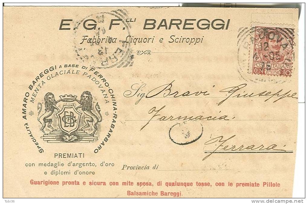 BAREGGI PADOVA - FABBRICA LIQUORI E SCIROPPI - CARTOLINA COMMERCIALE VIAGGIATA 12/4/1905. - Padova (Padua)