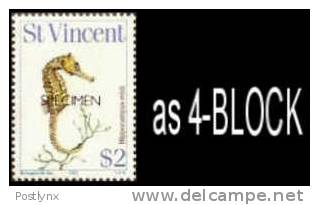 ST.VINCENT 1985, Fish Seahorse Hippocampus $2. SPECIMEN 4-BLOCK   [muestra,Muster,spécimen,saggio] - St.Vincent (1979-...)