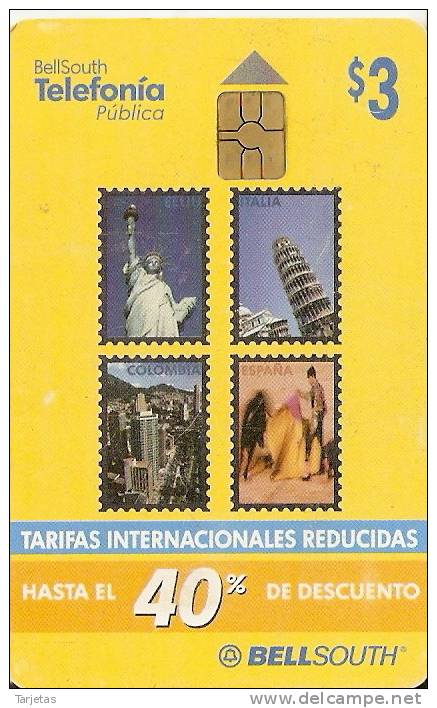 TARJETA DE ECUADOR DE BELLSOUTH DE $3 SELLOS ESTATUA LIBERTAD-PISA-ESPAÑA. - Stamps & Coins