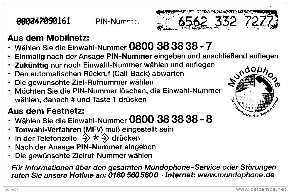 TELECARTE MUNDOPHONE CARD 25 DM - GSM, Cartes Prepayées & Recharges