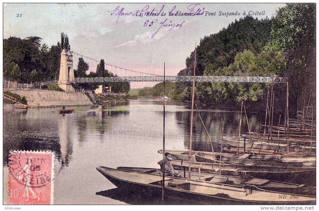 CPA Belle Carte Postale FRANCE CRETEIL Les Rives De La Marne - Pont Suspendu Animée TBE Barque Tampon St Maur - Creteil