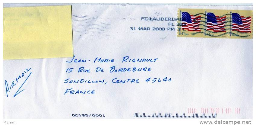 U.S.A: 2008 Jolie Lettre Avec Bande De 3 Timbres Drapeau, , Très Propre - Covers