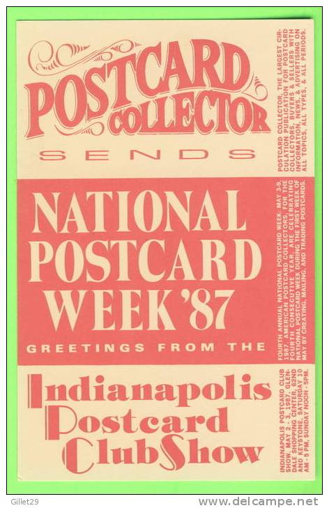 INDIANAPOLIS, IN - NATIONAL POSTCARD WEEK,1987 - POSTCARD CLUB SHOW - - Indianapolis