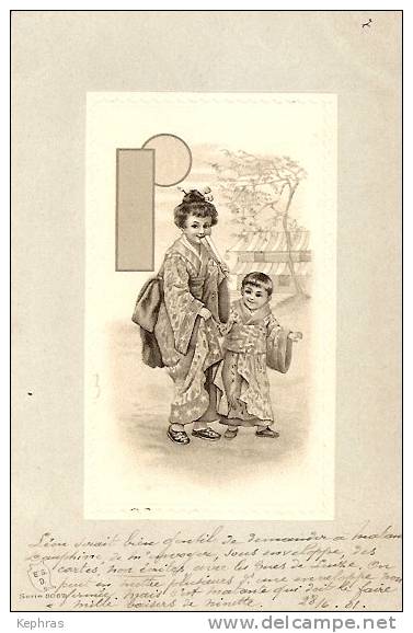 SUPERBE CPA LITHO NOIR ET BLANC - Petites Filles Japonaises - E.S.D. - Série 8062 - Cachet De La Poste 1901 - Altri & Non Classificati