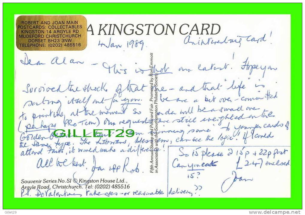 SOUTHAMPTON, ENGLAND - 5th ANNUAL NATIONAL POSTCARD WEEK, MAY 1986 - CARD TRAVEL IN 1989 - - Southampton
