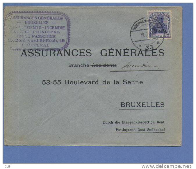 Lettre TPBZ31 Germania Cachet "Postuberwachungstelle 33 " - Entete "Doutreligne KORTRIJK"  (VK) - OC26/37 Territoire Des Etapes