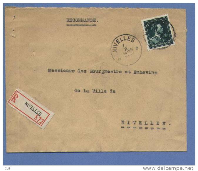 696 Op Aangetekende Brief Met Cirkelstempel NIVELLES  (VK) - 1936-1957 Open Collar