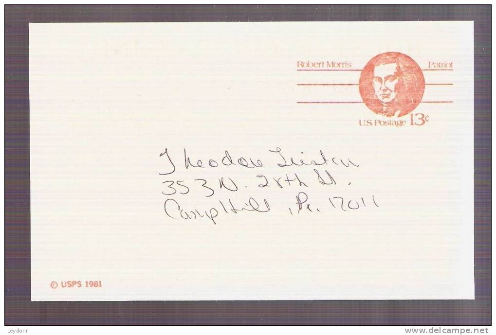 Postal Card - Robert Morris - 1981 - Scott # UX92 - 1981-00