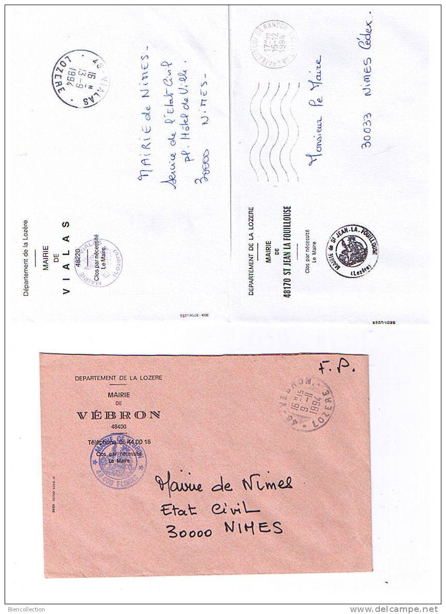 Lozère.45 Enveloppes Différentes à En Tète De Mairie (quelques Variantes Pour Certaines Villes) Dont Petits Villages - Burgerlijke Brieven Zonder Portkosten