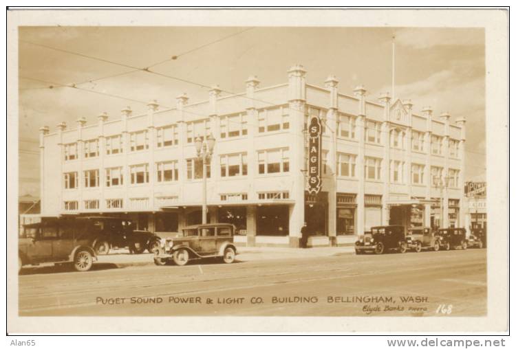 Bellingham WA, Puget Sound Power And Light Building, Real Photo Vintage Street Scene, Autos - Autres & Non Classés