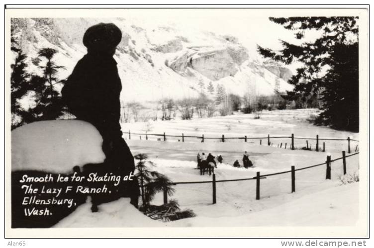 Ellensburg WA Real Photo Postcard, Lazy 'F' Ranch Horses Ice Skating On Pond - Autres & Non Classés