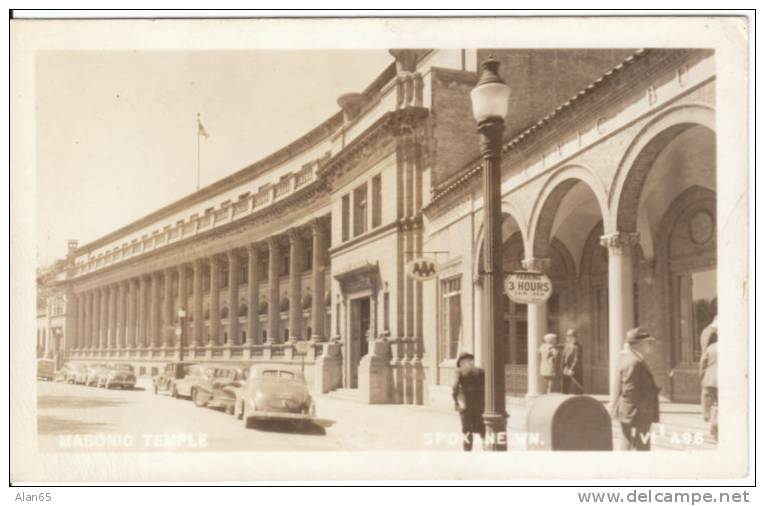 Spokane WA Masonic Temple Real Photo Postcard, Vintage Autos Fashion - Spokane