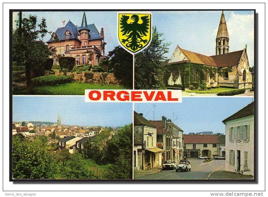 78 ORGEVAL, Multivue, Mairie, église, Voiture 2 CV, CPSM 10x15, Ed Abeille, écrite, 1 Pli Sup Gauche - Orgeval