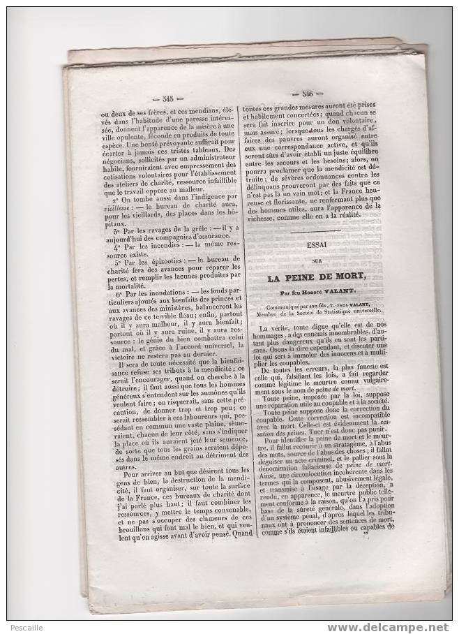 1836 - Essai Sur La Peine De Mort H.Valant - Extraits De La Revue De La Société Française De Statistique Universelle - 1800 - 1849