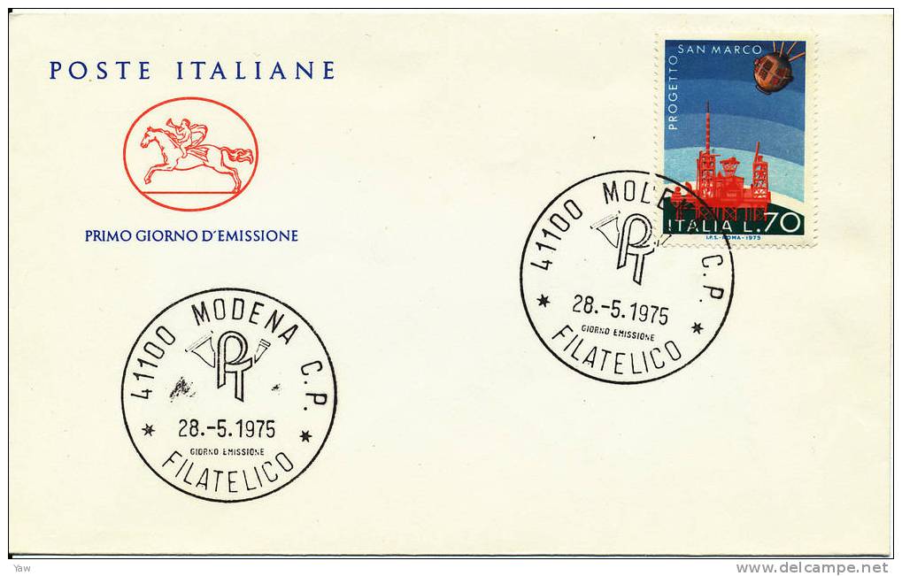 ITALIA 1975 FDC "CAVALLINO"  IMPRESE SPAZIALI ITALIANE. PROGETTO SAN MARCO. - Europe