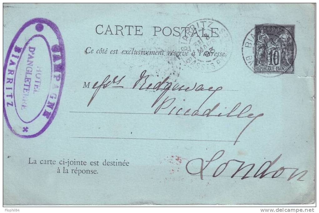 SAGE-ENTIER POSTAL POUR LONDRES-DE BIARRITZ 8-4-1893 - 1877-1920: Semi Modern Period