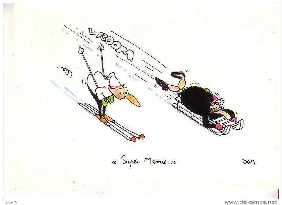 SKI Humoristique, Dessin - N° DP8 -  Super Mamie En Traineau - Sports D'hiver