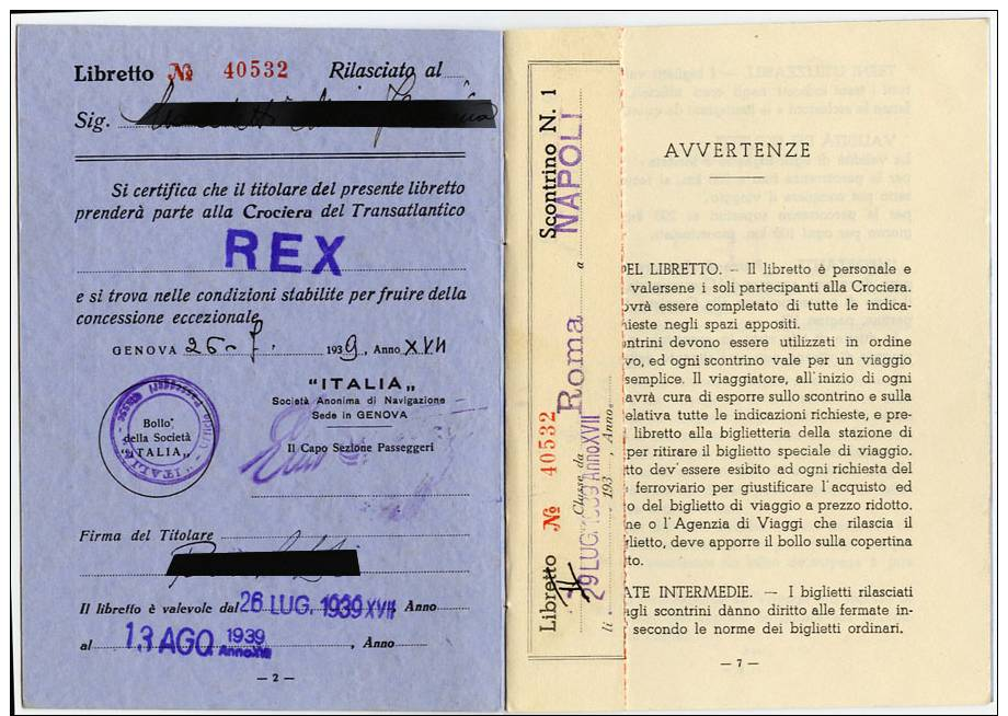 LIBRETTO FERROVIE DELLO STATO CON BIGLIETTO E CROCIERA TRANSATLANTICO REX TRASPORTI ANNO 1939 SOCIETA NAVIGAZIONE ITALIA - Autres & Non Classés