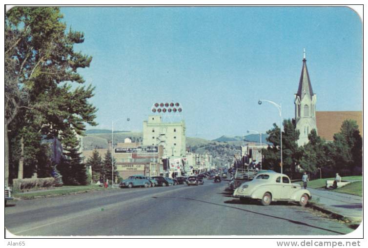 Bozeman MT Vintage Chrome Street Scene Postcard, 1940s Autos, Hotel Baxter, Church, Lumber Company - Bozeman