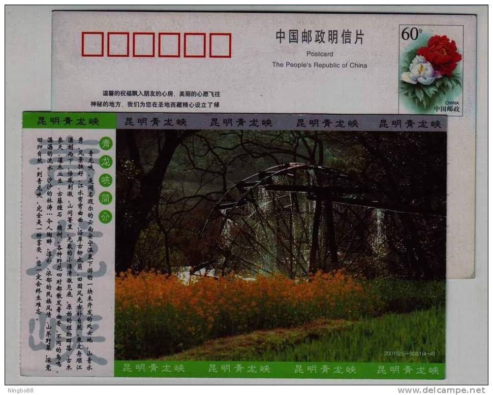 Riverside Waterwheel,flower Field,China 2001 Kunming Qinglongxia Gorge Tourism Advertising Pre-stamped Card - Water