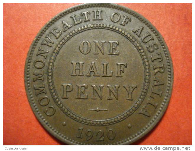 908 AUSTRALIA  HALF PENNY       AÑO / YEAR  1920 RARE DATE   VF+ - Penny