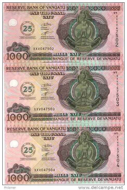 Vanuatu (ex Hebrides) Billet Note Monnaie 1000 Vatu, Version C 25 Anniversaire Independance 2005, 3 Consecutif Neuf UNC - Vanuatu