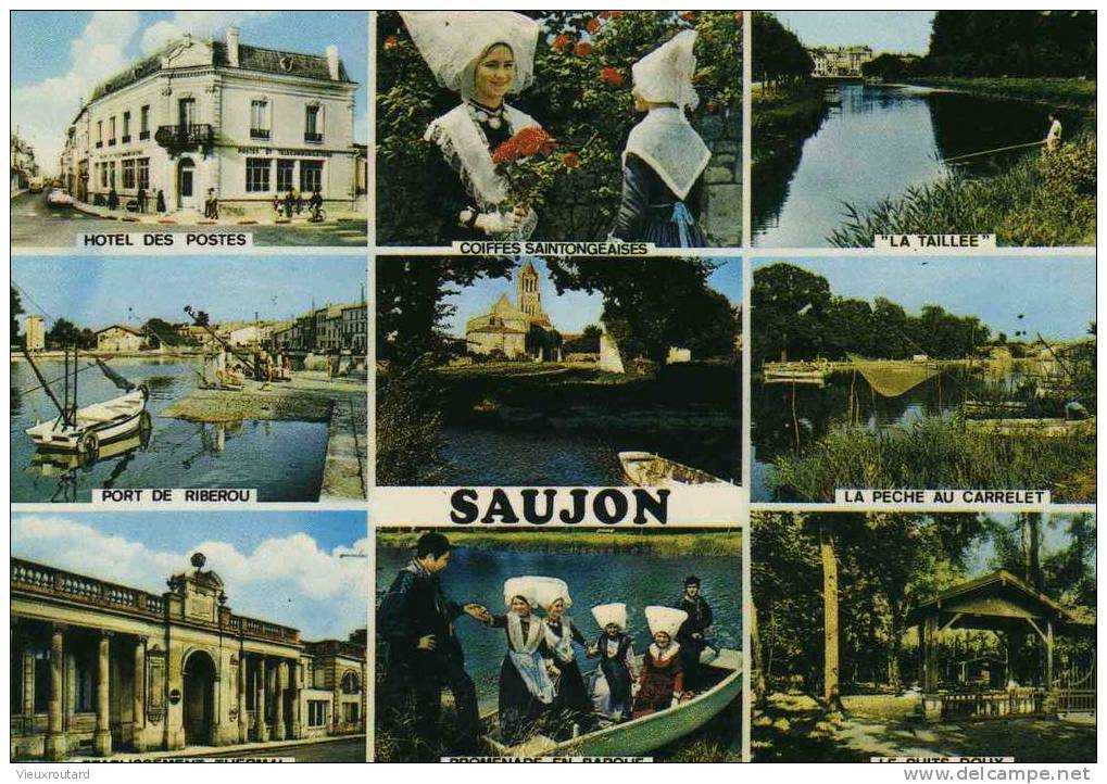 CPSM.  SAUJON. HOTEL POSTES.COIFFES SAINTONGEAISES.LA TAILLEE.PORT RIBEROU.PUITS DOUX.PECHE CARRELET... - Saujon