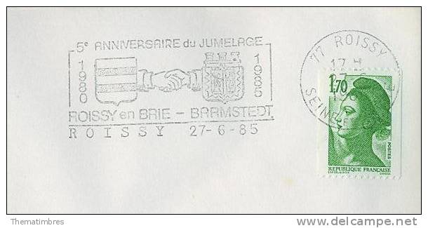 SD0558 5e Anniversaire Du Jumelage Barmstedt Blason Main Flamme Roissy En Brie 1985 - Enveloppes