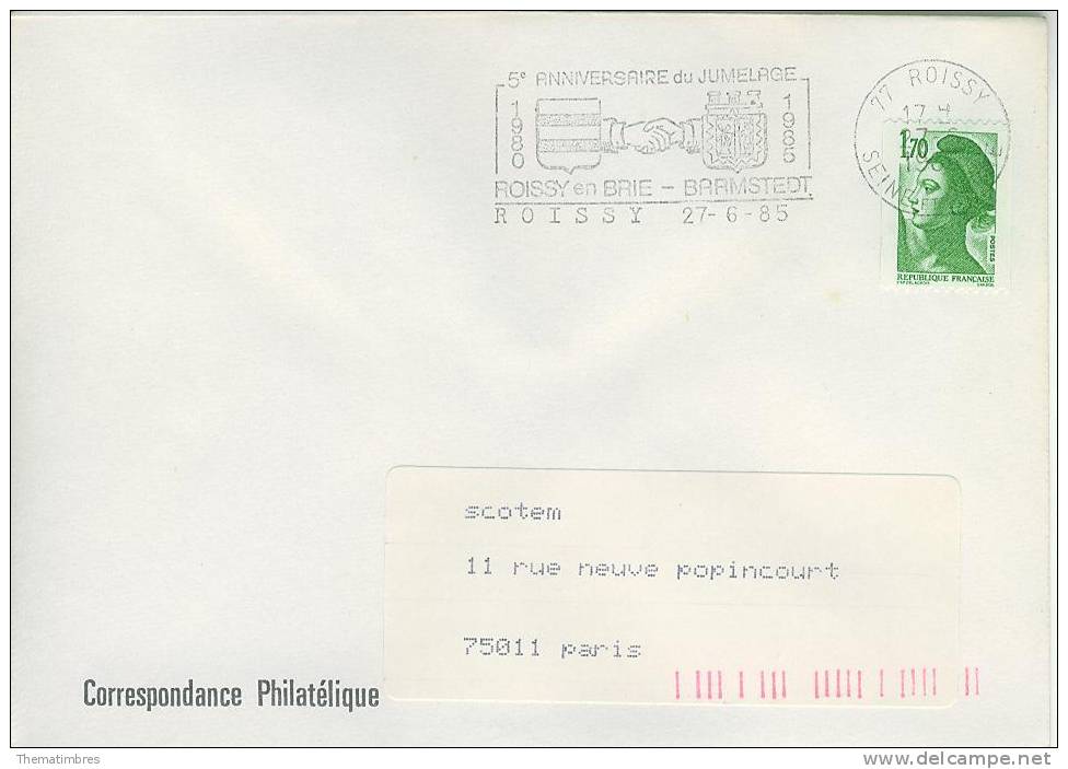 SD0558 5e Anniversaire Du Jumelage Barmstedt Blason Main Flamme Roissy En Brie 1985 - Enveloppes