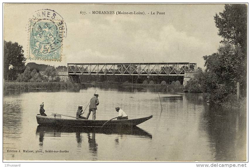 Carte Postale Ancienne Morannes - Le Pont - Pêcheurs, Barque - Angers