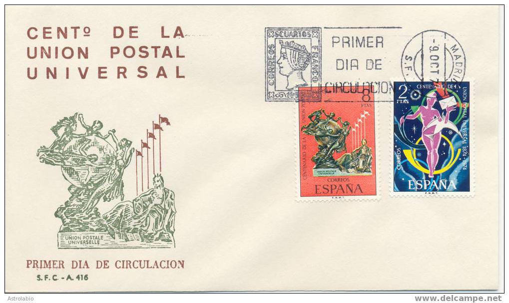 Centenaire De L'U.P.U. FDC 1974 Espagne Yvert 1866/7 - U.P.U.