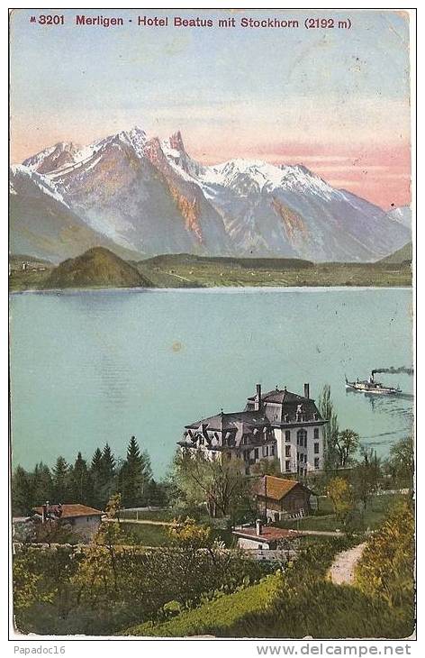 CH - BE - Merlingen - Hotel Beatus Mit Stockhorn (2192 M) (gelaufen / Circulée 1917) [Sigriswil - Thunersee - Schiff] - Sigriswil