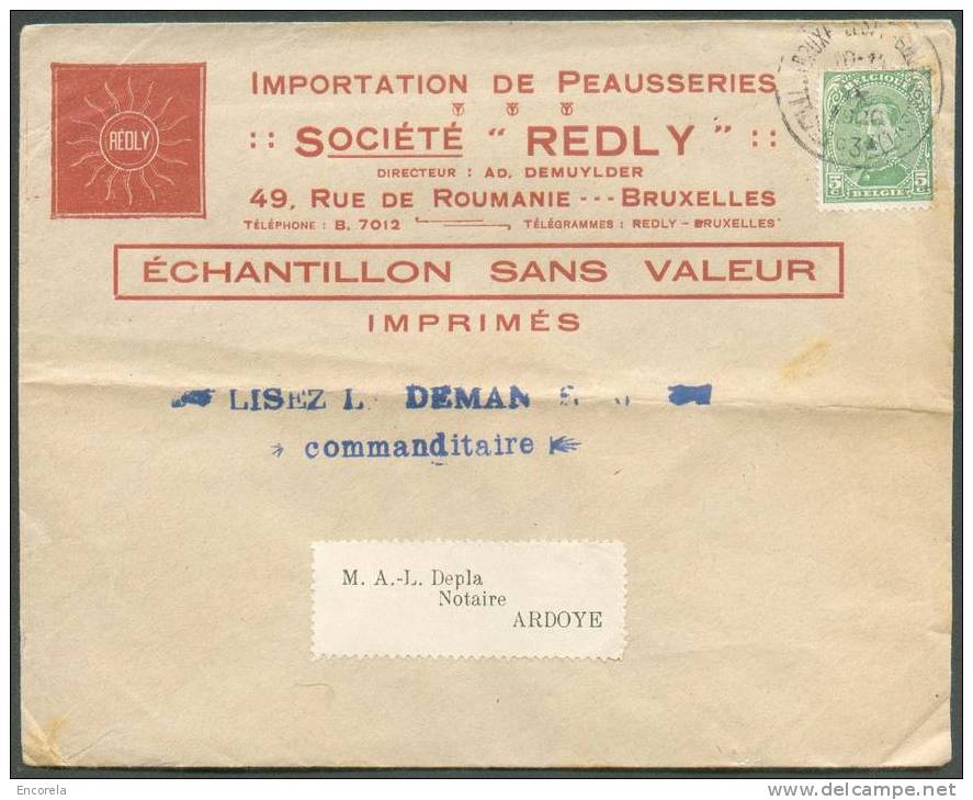 N°137 Obl. Sc St-GILLES (BRUXELLES) S/L. Ill. (Peausseries Redly, Rue De Roumanie) Du 4-IX-1920 Vers Ardoye En Tarif Imp - 1915-1920 Albert I