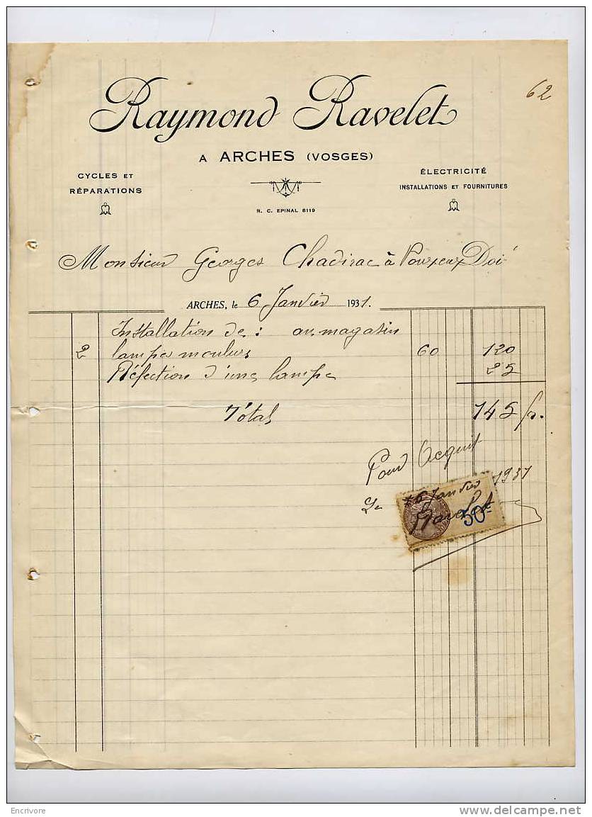 CYCLES Et Reparations - Electricité RAYMOND RAVELET - Arches Vosges - 1931 - Elettricità & Gas