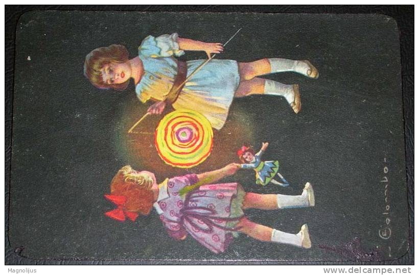 Illustrators,Colombo,Children,Girls,Light,Night,Puppet,Rounded Corners,vintage Postcard - Colombo, E.