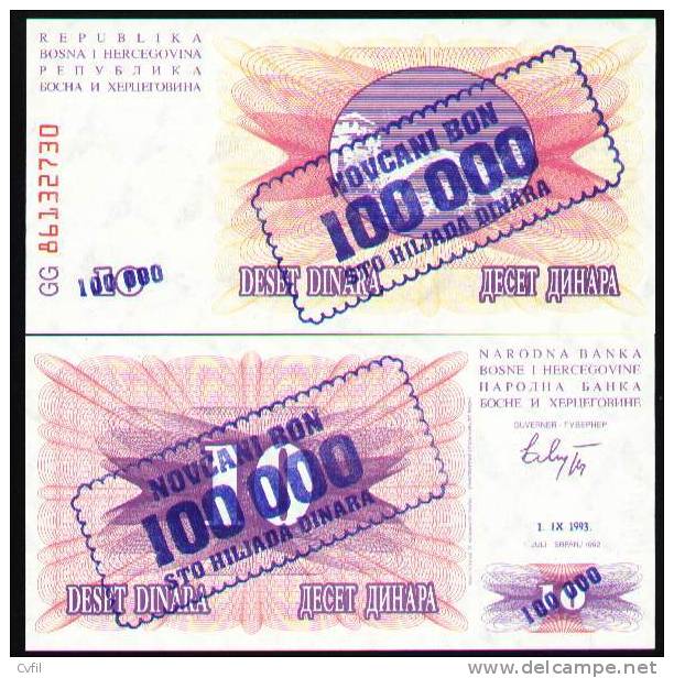 BOSNIA + HERZEGOVINA 1993 -  100.000 DINARA - WPM 34a - UNC - Bosnien-Herzegowina