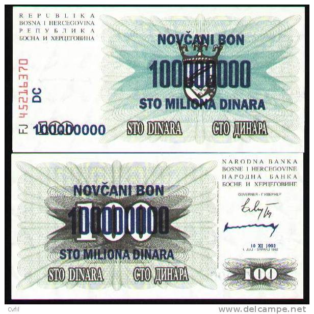 BOSNIA + HERZEGOVINA 1993 -  100.000.000 DINARA - WPM 37 - UNC - Bosnien-Herzegowina
