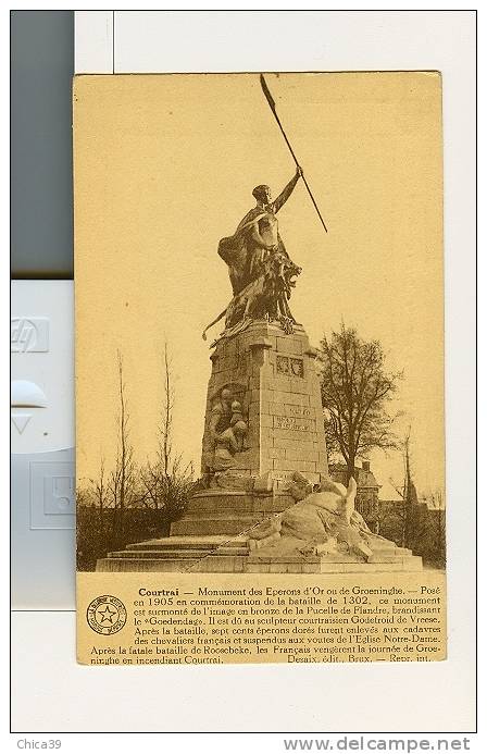 COURTRAI   -   Monument Des éperons D'Or  Au Verso Carte D'honneur De L'Ecole Moy. De L'Etat Pour J.F.à Schaerbeek - Kortrijk