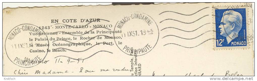 Monaco Condamine - Carte Entière 1951 Avec Flamme à Vagues - Poststempel