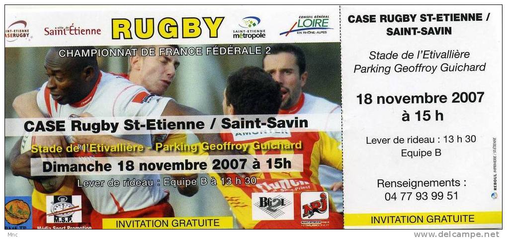 Billet De Fédéral 2 2007/2008 ST ETIENNE/SAINT SAVIN - Rugby