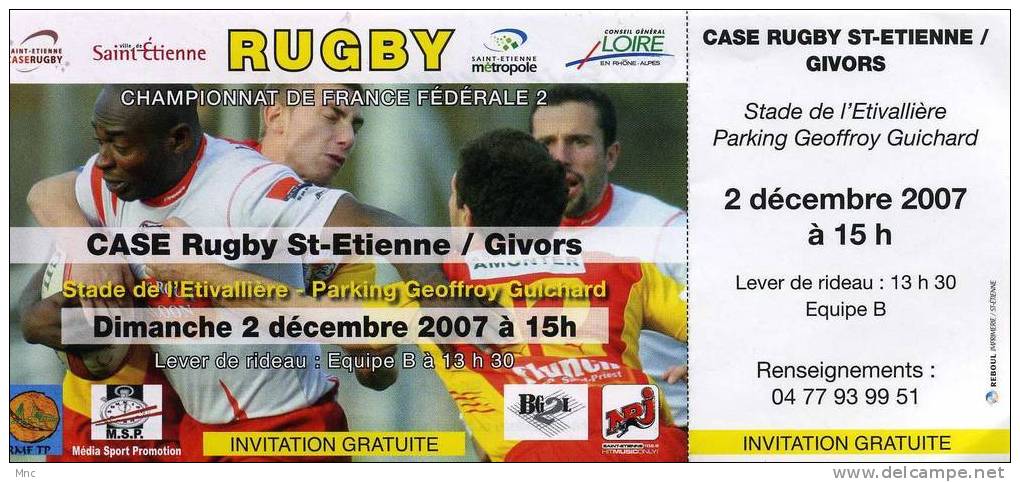 Billet Fédéral 2 Saison 2007/2008 ST ETIENNE/GIVORS - Rugby