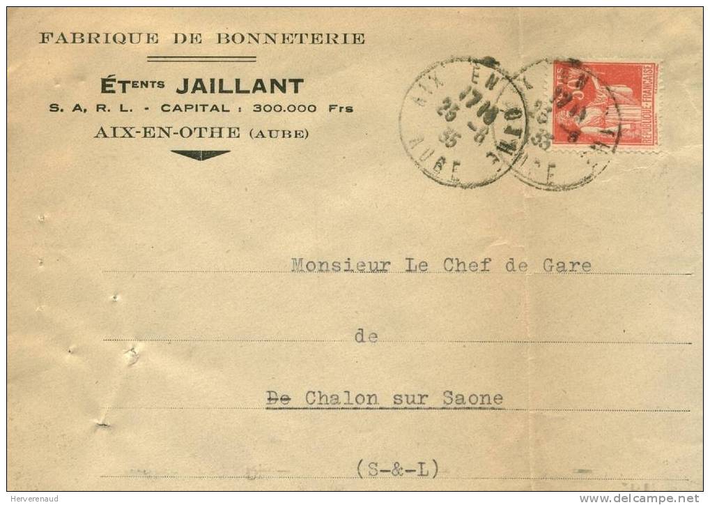 Paix 283 Sur Lettre Des Ets Jaillant à Aix-en-Othe (Aube),pour  Chalon-sur-Saône - 1932-39 Paix