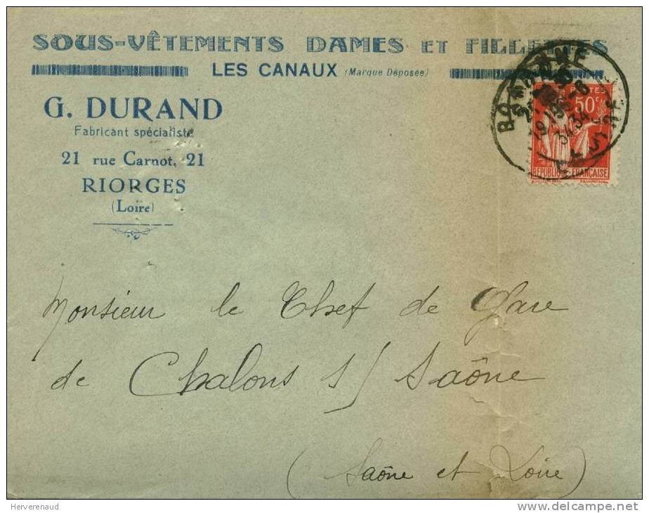 Paix 283 Sur Lettre Des Ets Durand à Riorges (Loire), Pour  Chalon-sur-Saône - 1932-39 Paix
