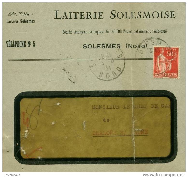Paix 283 Sur Lettre De Solesmes (Nord), Pour  Chalon-sur-Saône - 1932-39 Paz
